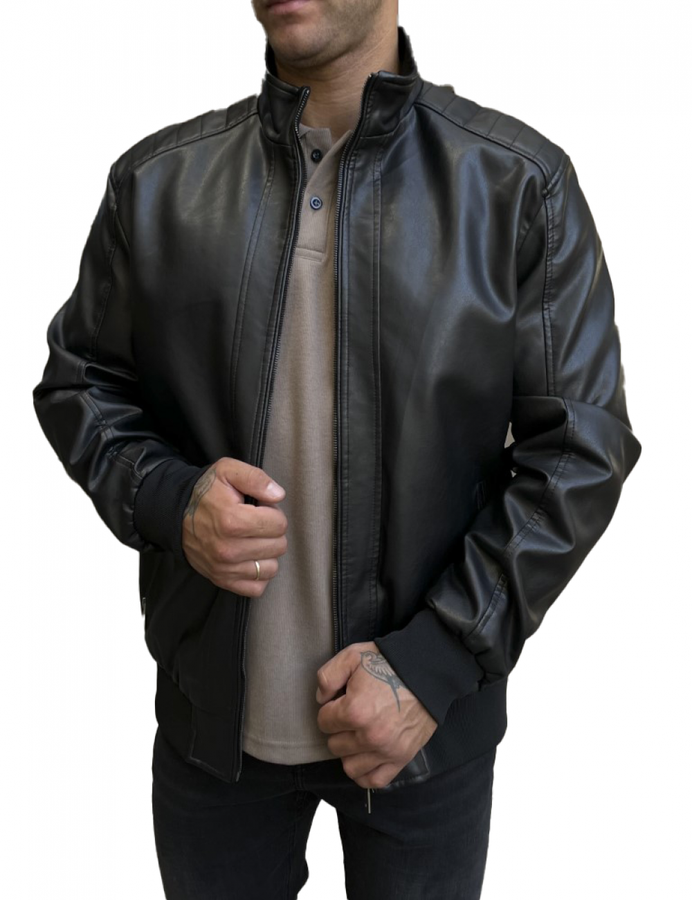 Ανδρικό μαύρο Jacket από δερματίνη Plus Size ZH1015