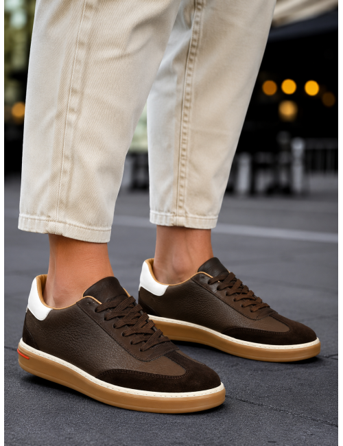 Ανδρικά καφέ δερμάτινα Sneakers με suede λεπτομέρεια HG177817K