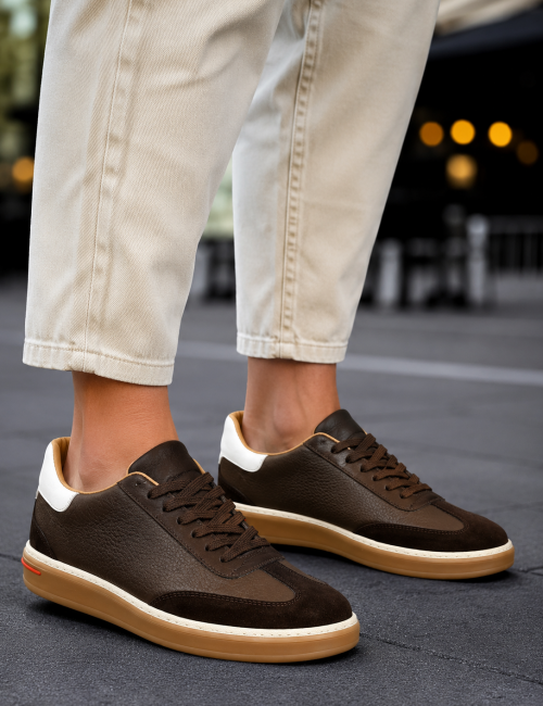 Ανδρικά καφέ δερμάτινα Sneakers με suede λεπτομέρεια HG177817K