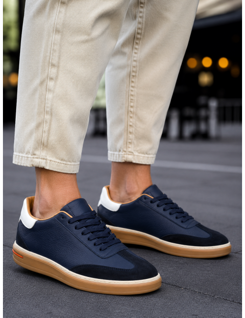 Ανδρικά μπλε δερμάτινα Sneakers με suede λεπτομέρεια HG177817