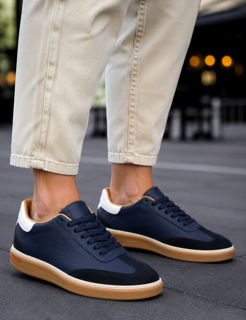 Ανδρικά μπλε δερμάτινα Sneakers με suede λεπτομέρεια HG177817
