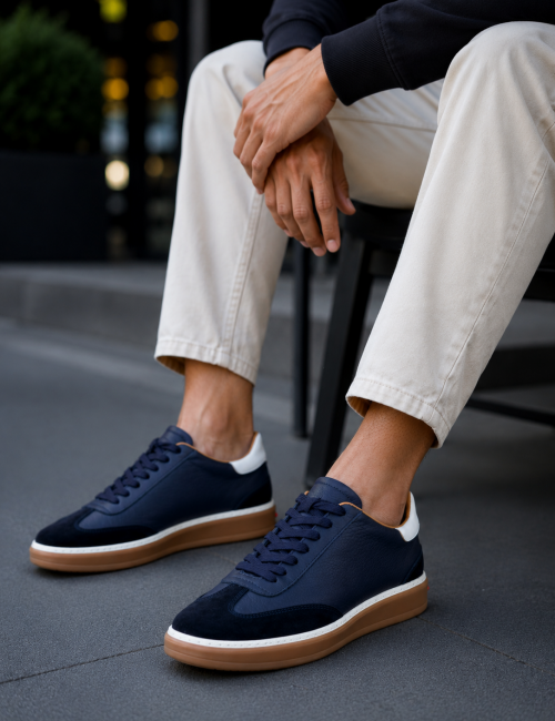 Ανδρικά μπλε δερμάτινα Sneakers με suede λεπτομέρεια HG177817