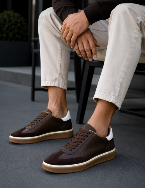 Ανδρικά καφέ δερμάτινα Sneakers με suede λεπτομέρεια HG177817K