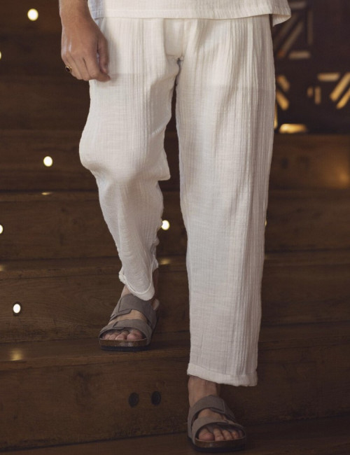 Ben Tailor Ανδρικό λευκό παντελόνι MYKONOS  γκοφρέ με ζωνάρι 0722