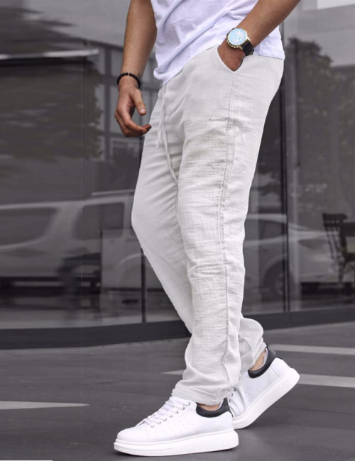 Ανδρική λευκή παντελόνα με λάστιχο και κορδόνι στη μέση 1108