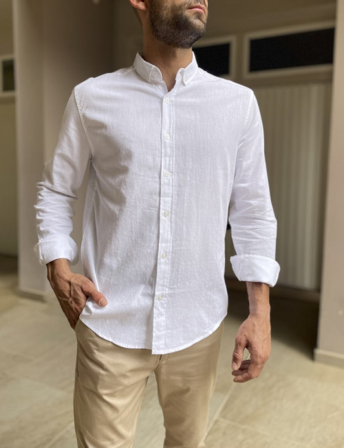 Ανδρικό λινό λευκό πουκάμισο με γιακά 9631W