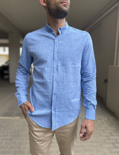 Ανδρικό λινό σιέλ πουκάμισο με γιακά 9631