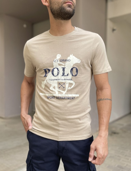 US Grand Polo Ανδρική μπεζ κοντομάνικη μπλούζα με τύπωμα USN41694M