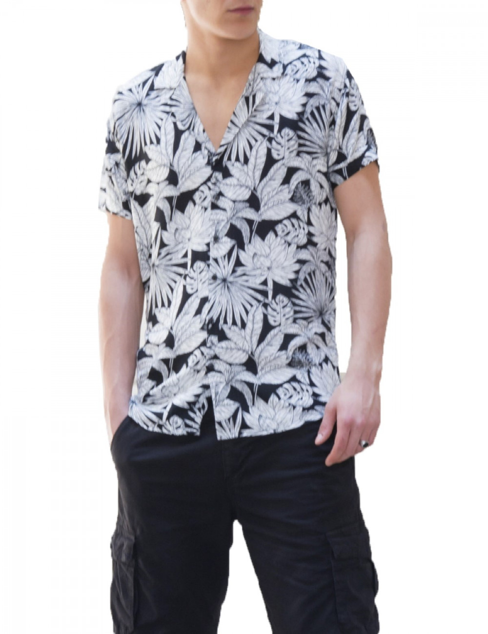 Ανδρικό μαύρο φλοράλ κοντομάνικο πουκάμισο GML38410