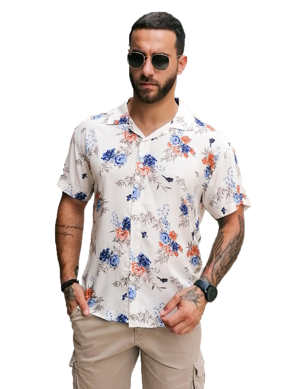 Ανδρικό μπεζ φλοράλ κοντομάνικο πουκάμισο 202159
