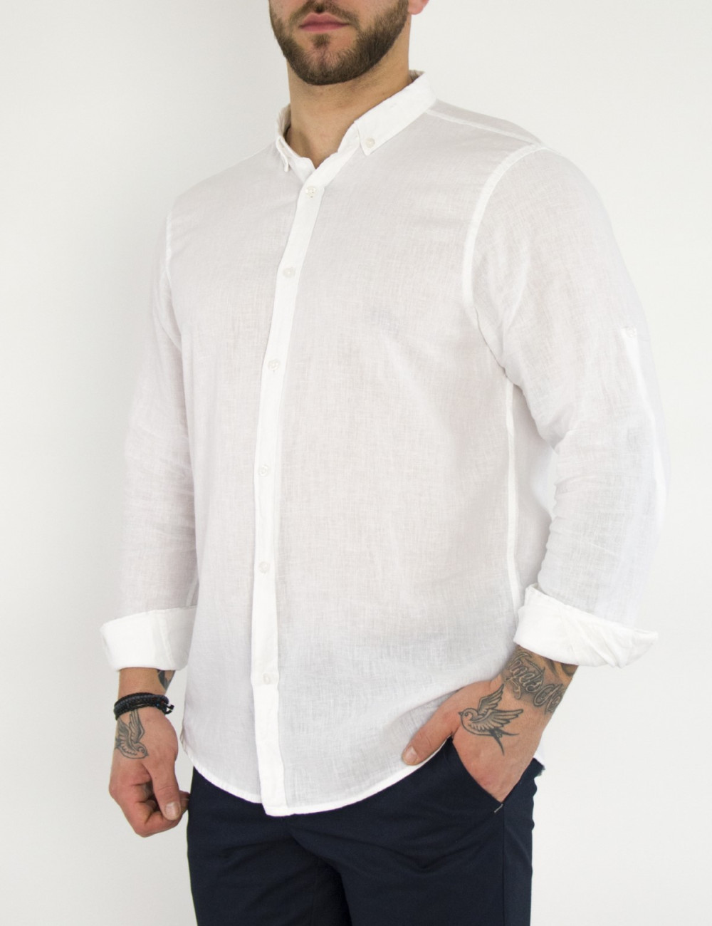 Ανδρικό λευκό λινό πουκάμισο με γιακά 15276
