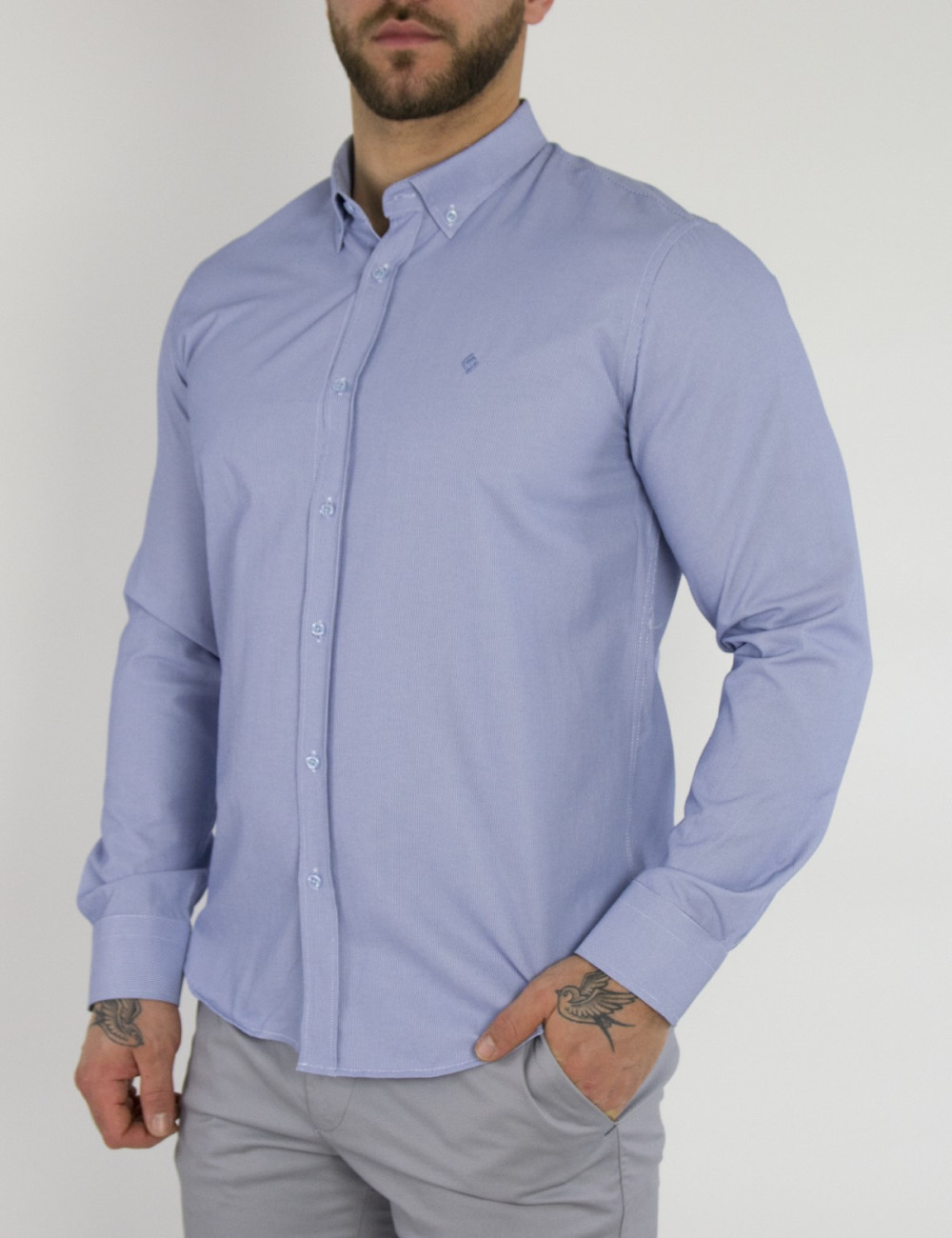 Ανδρικό βαμβακερό μπλε ριγέ πουκάμισο SL45B