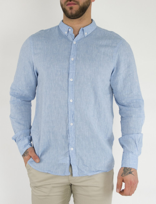 Ανδρικό Σιέλ λινό πουκάμισο με γιακά 15276T