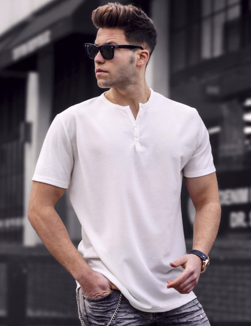 Ανδρικό λευκό βαμβακερό T-shirt με κουμπιά Madmext 1008