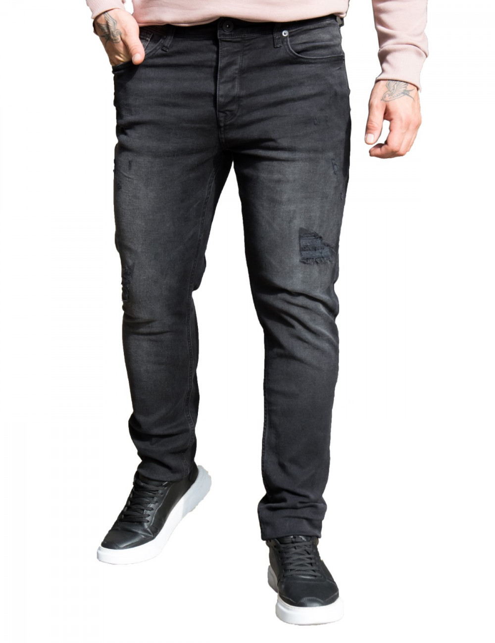 Ανδρικό μαύρο τζιν παντελόνι με σκισίματα GB4784