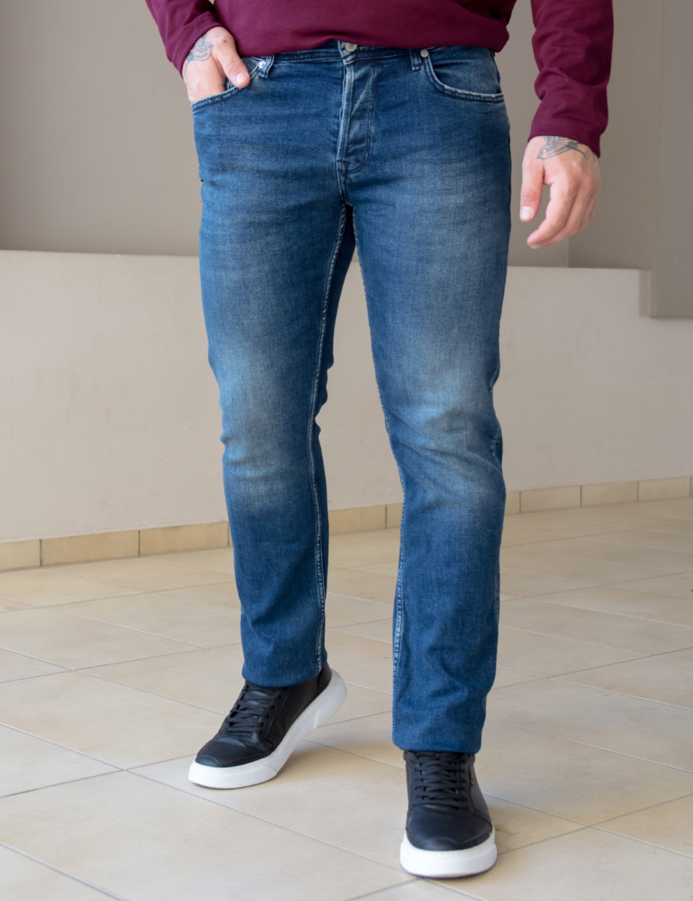 Ανδρικό μπλε  τζιν παντελόνι με ξέβαμμα Plus Size GB4754