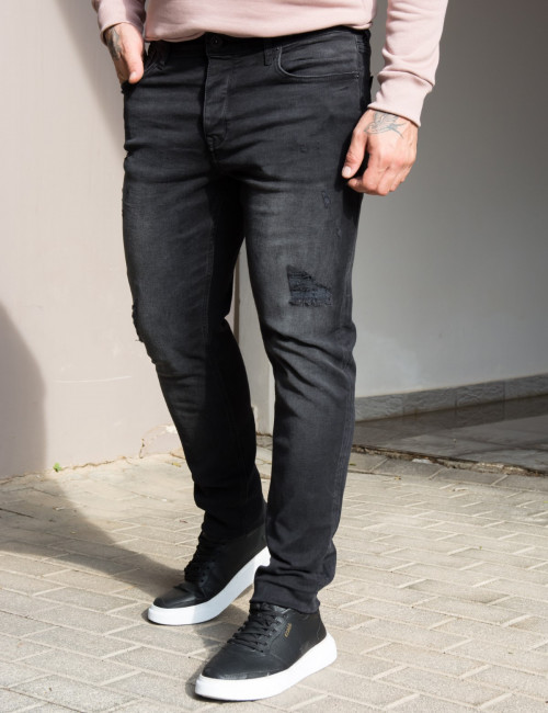 Ανδρικό μαύρο τζιν παντελόνι με σκισίματα GB4784