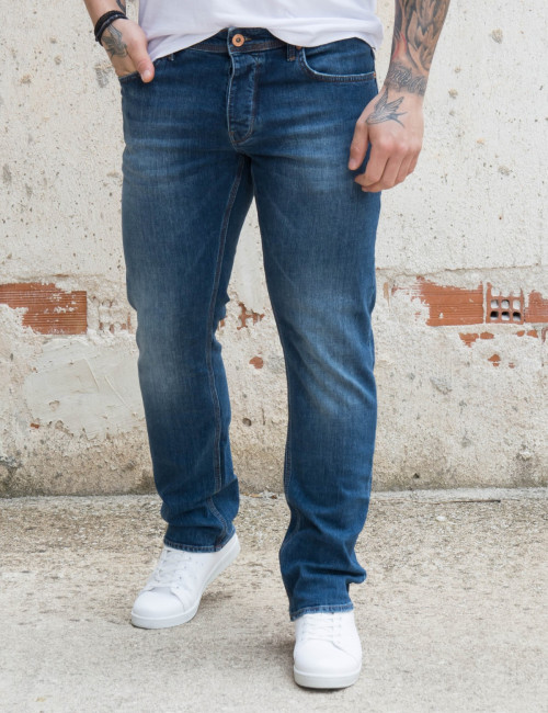 Ανδρικό μπλε σκούρο τζιν παντελόνι με ξέβαμμα Plus Size GB4905