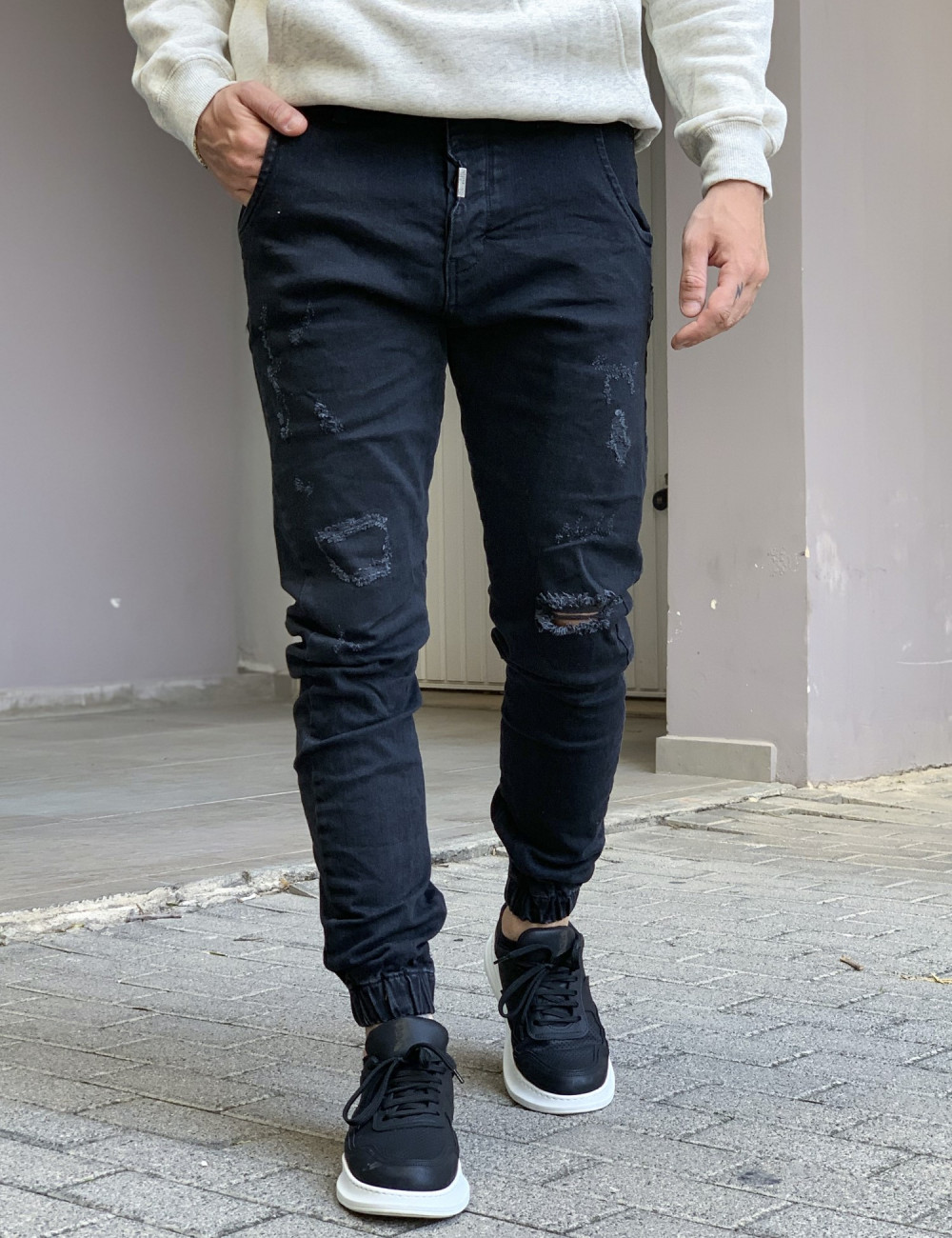 Ben Tailor Ανδρικό jean μαύρο παντελόνι με μπαλώματα και λάστιχο στα πόδια 0646
