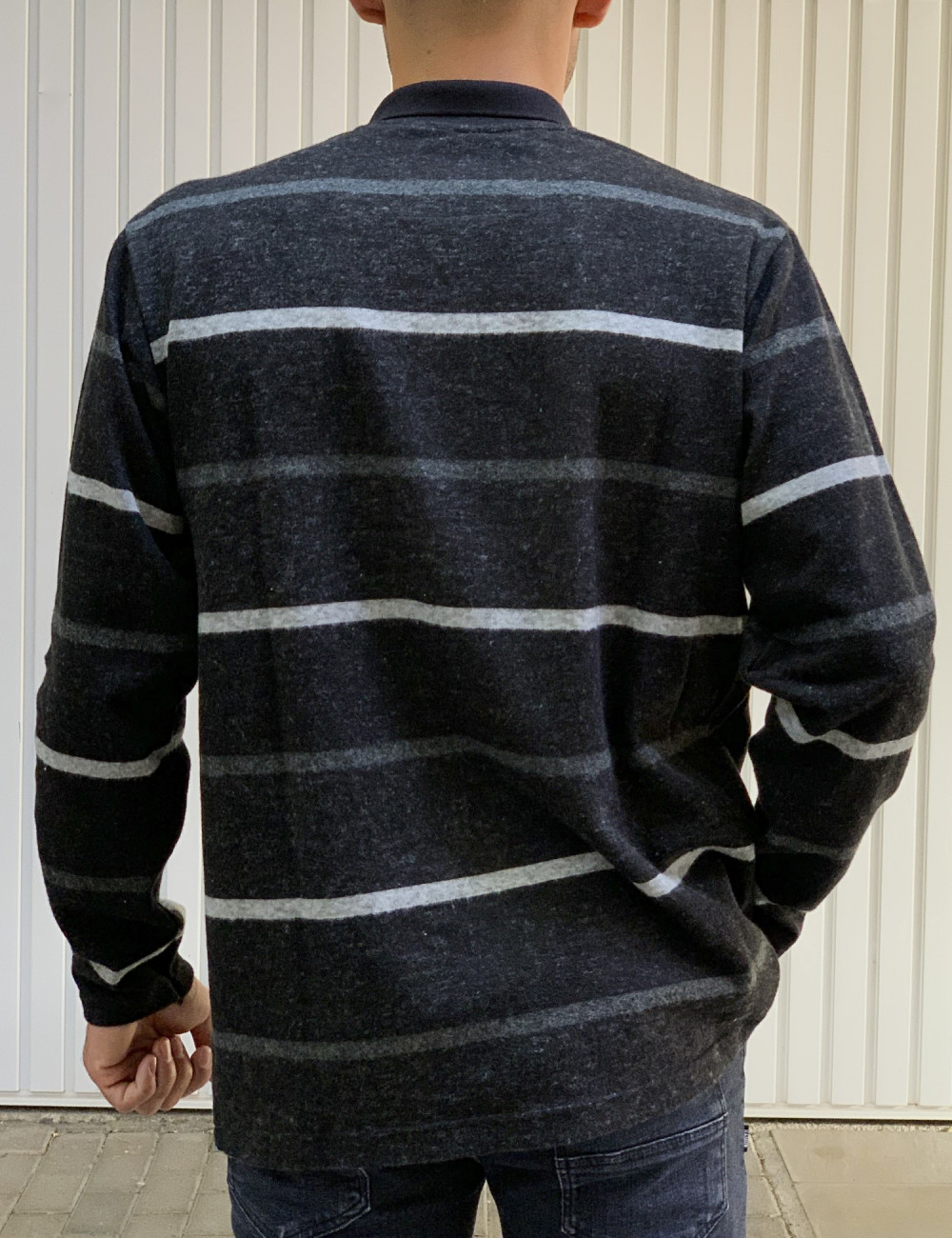 Everbest Ανδρική μαύρη ριγέ Polo μακρυμάνικη μπλούζα Plus size CW20302