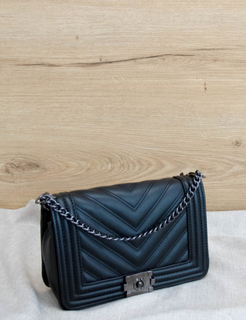 Γυναικεία μαύρη καπιτονέ τσάντα ανθρακί αλυσίδα P6859