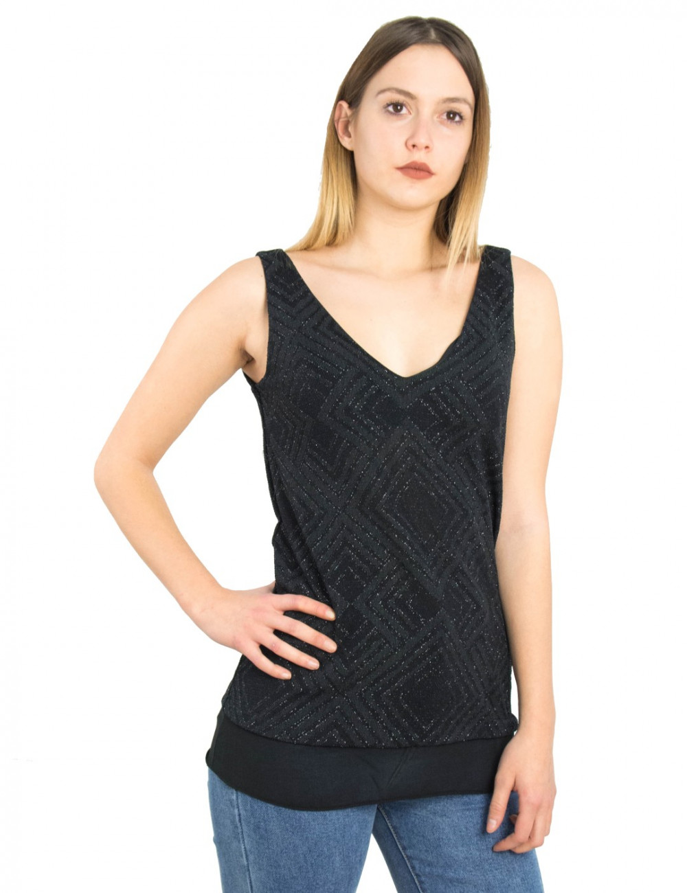 Γυναικεία μαύρη αμάνικη μπλούζα ιριδίζον UK301116