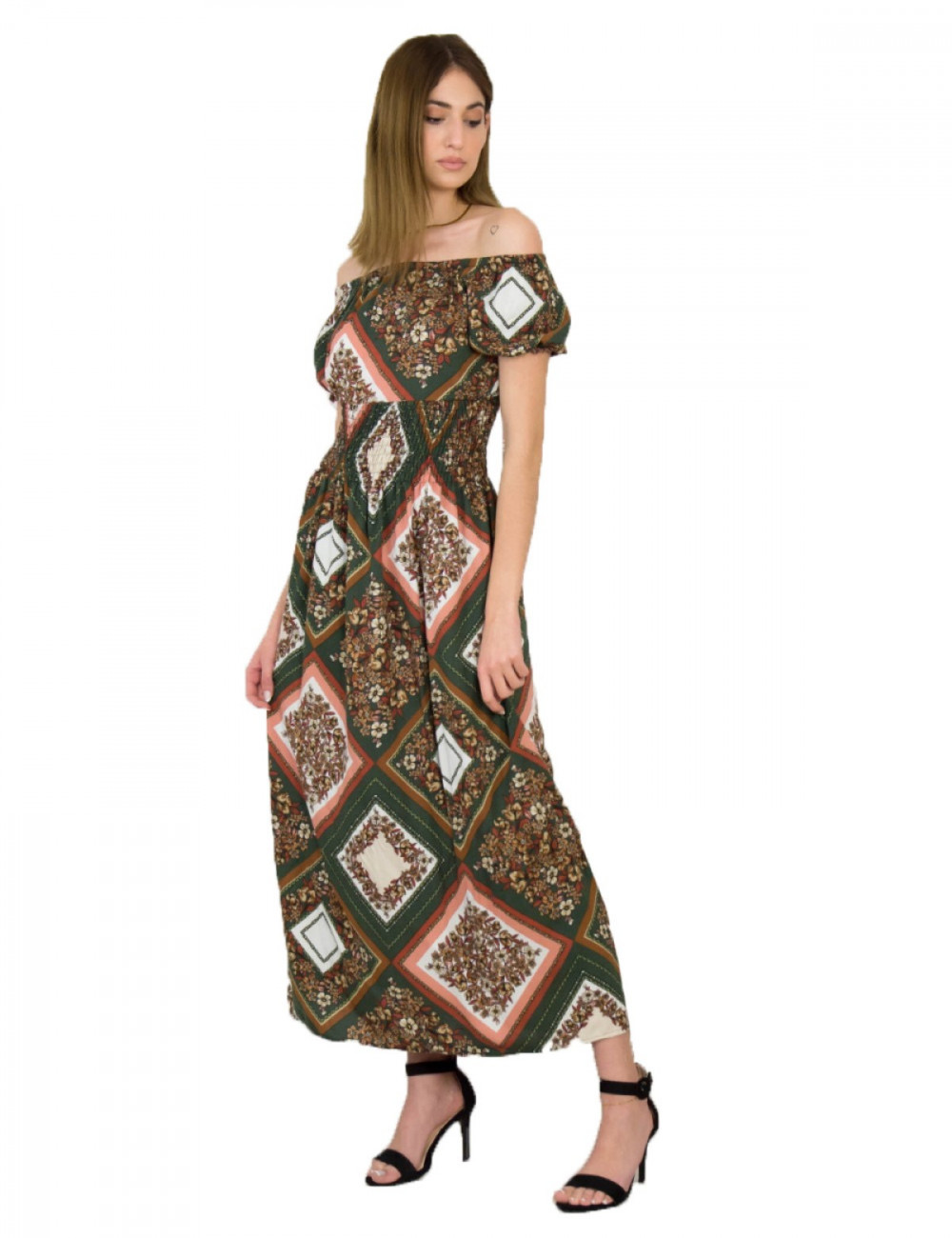 Γυναικείο λαδί maxi φόρεμα εμπριμέ 12210