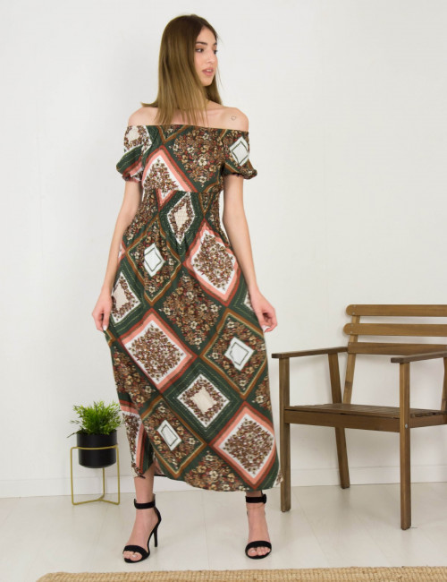 Γυναικείο λαδί maxi φόρεμα εμπριμέ 12210