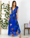 Γυναικείο μάξι φόρεμα εμπριμέ μπλε άνοιγμα στήθος πλατη 8214318F