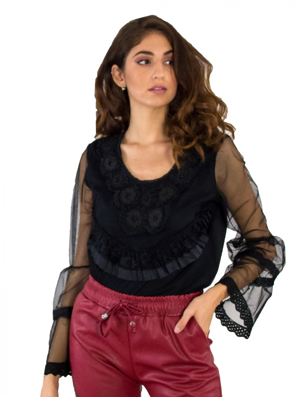 Γυναικεία μαύρη μπλούζα με τούλινη διαφάνεια XS7896