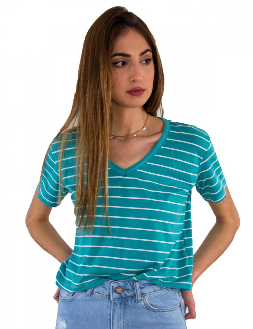 Γυναικεία πετρόλ ριγέ κοντομάνικη μπλούζα V 20213678T