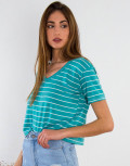 Γυναικεία πετρόλ ριγέ κοντομάνικη μπλούζα V 20213678T