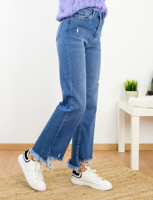 Γυναικείο μπλε τζιν παντελόνι Loose Straight Fit με σκισίματα ML271