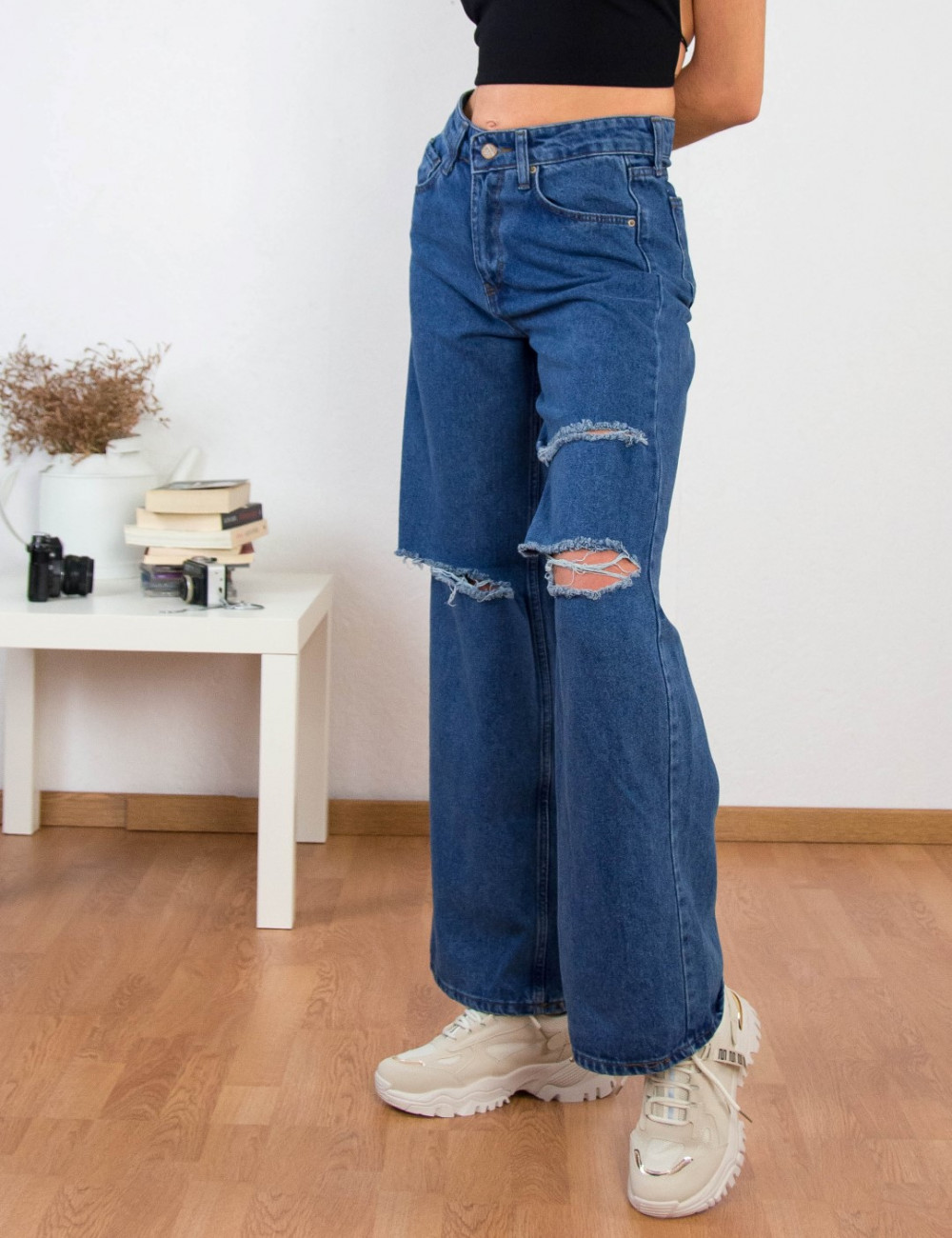 Γυναικείο μπλέ Wide Leg τζιν με σκίσιμο RW194005