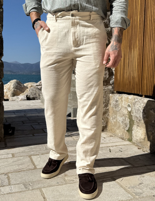 Ανδρικό υφασμάτινο μπεζ παντελόνι με κορδόνι και κουμπί FCL6700