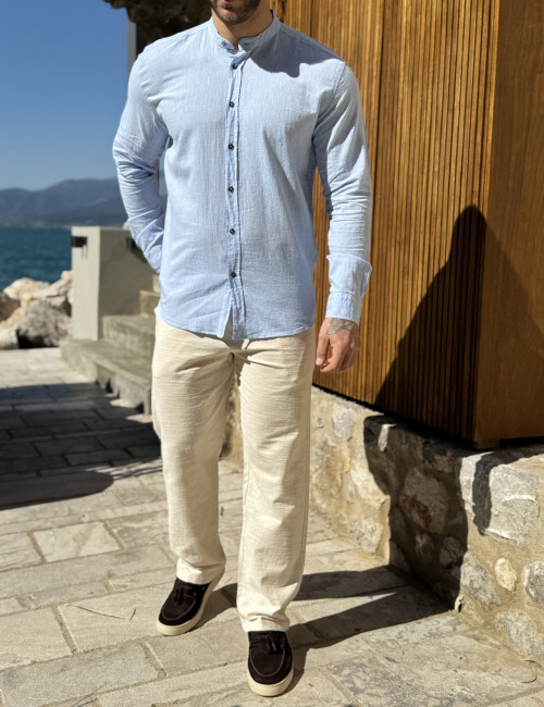 Ανδρικό λινό σιέλ πουκάμισο με μάο γιακά 9663S