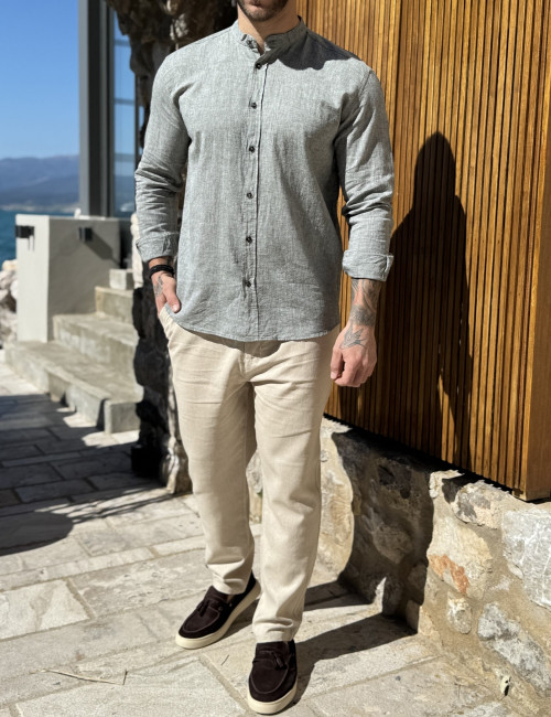 Ανδρικό λινό χακί πουκάμισο με μάο γιακά 9663X