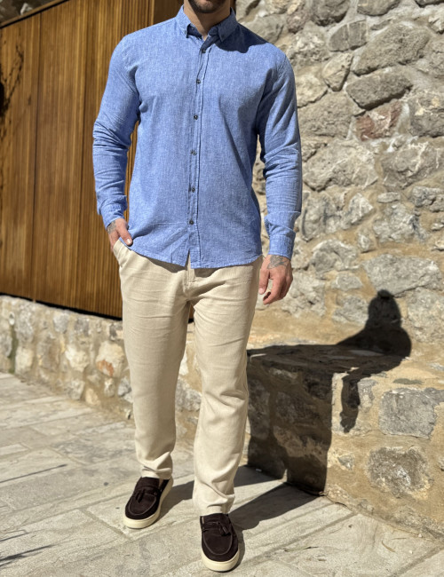 Ανδρικό λινό μπλε ανοιχτό πουκάμισο με γιακά 9631B