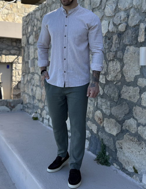 Ανδρικό λινό σκούρο μπεζ πουκάμισο με μάο γιακά 9663P