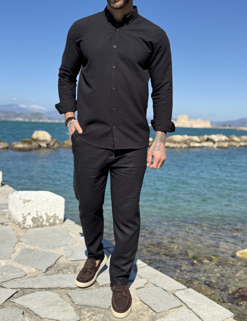 Ανδρικό λινό μαύρο πουκάμισο με γιακά 9631M