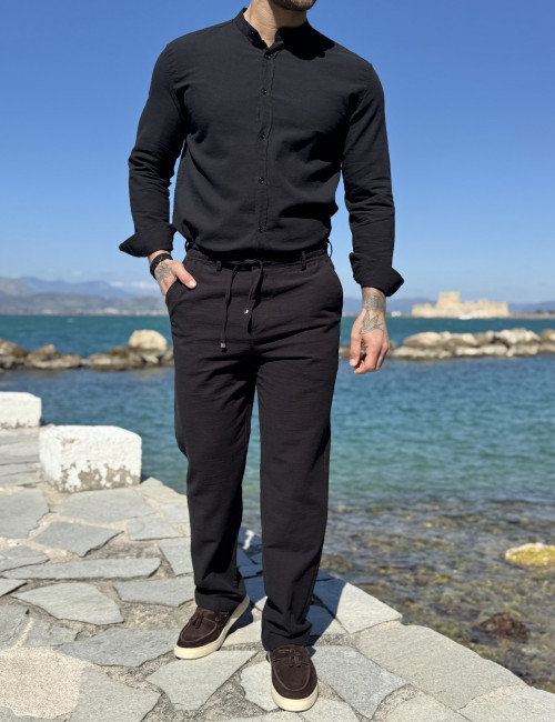 Ανδρικό υφασμάτινο μαύρο παντελόνι με κορδόνι και κουμπί FCL6700M