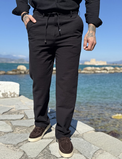 Ανδρικό υφασμάτινο μαύρο παντελόνι με κορδόνι και κουμπί FCL6700M