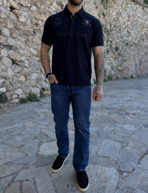 Everbest ανδρική μπλε Polo μπλούζα με σχέδια Plus Size 252828