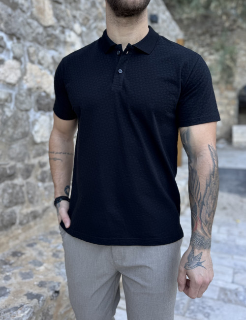 Ανδρική μαύρη Polo κοντομάνικη μπλούζα με ανάγλυφο ύφασμα 252838M
