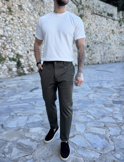 Ανδρικό χακί υφασμάτινο chinos παντελόνι με λάστιχο JR0020X