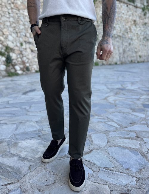 Ανδρικό χακί υφασμάτινο chinos παντελόνι με λάστιχο JR0020X