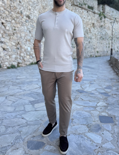 Marrakech ανδρική μπεζ ριπ κοντομάνικη μπλούζα με κουμπιά TST2755