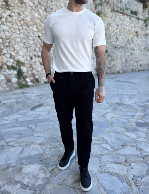 Ανδρικό μαύρο υφασμάτινο chinos παντελόνι με λάστιχο JR0020M