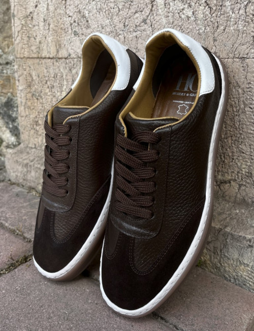 Ανδρικά καφέ δερμάτινα Sneakers με suede λεπτομέρεια HG177817K