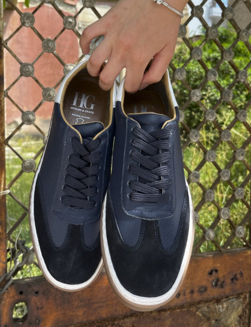 Ανδρικά μπλε δερμάτινα Sneakers με suede λεπτομέρεια HG177817